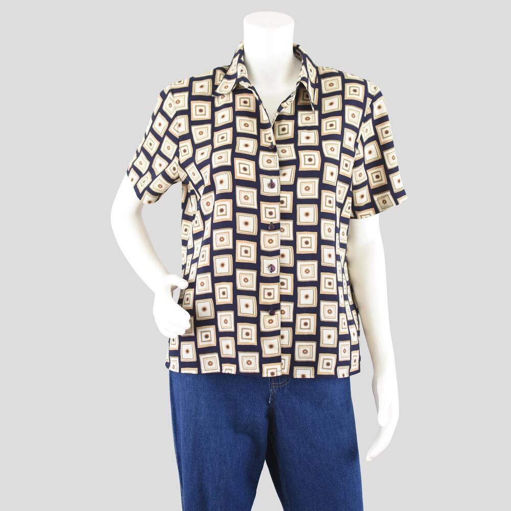 Retro Floral Button Down Shirt, Blue & Gold, Women's Petite Small - Medium